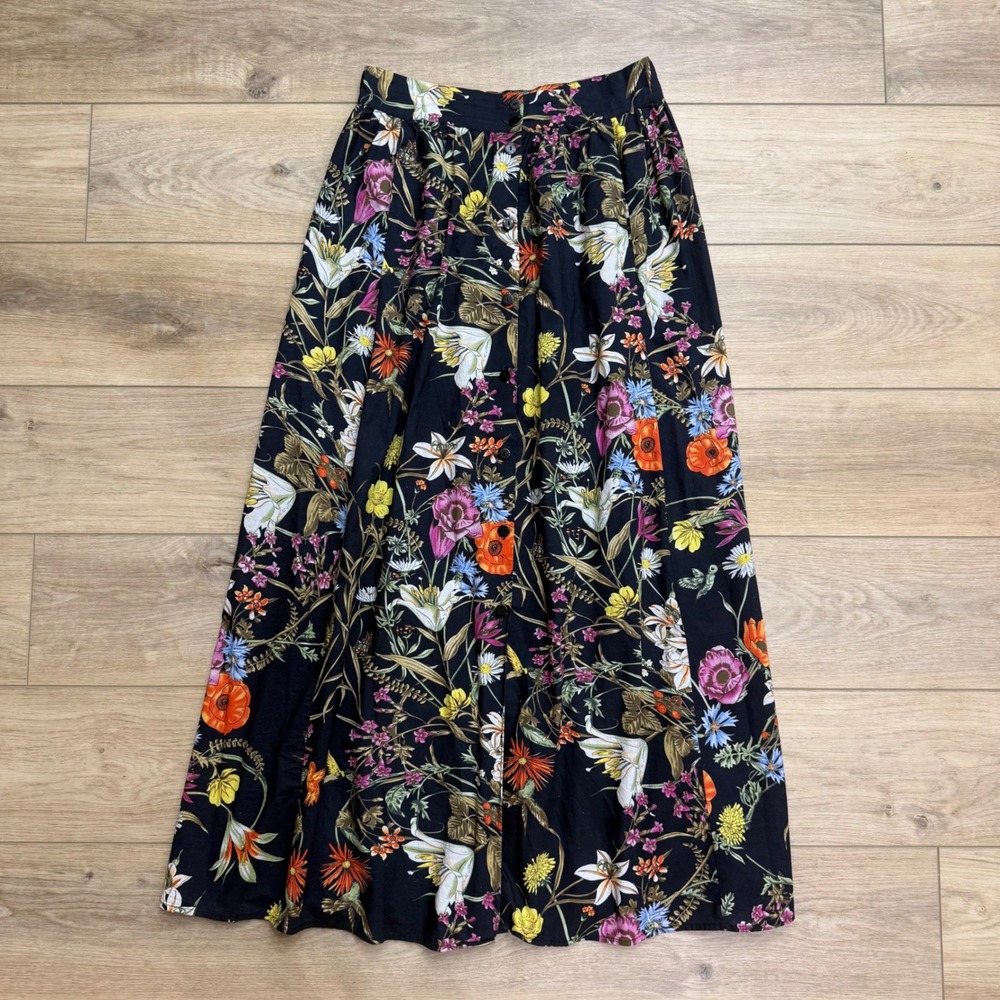 Lulumari Black Floral Button Front Maxi Skirt Boho Dark Cottage Pockets Med READ